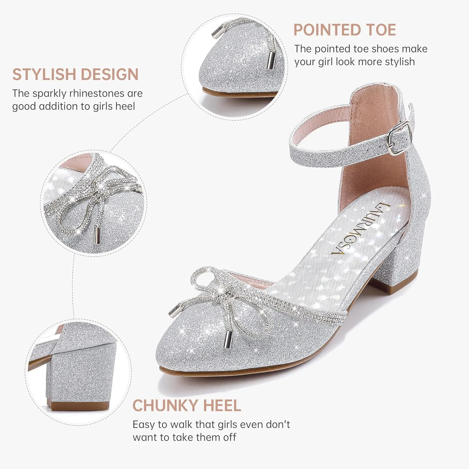 Girls Sandals Closed Toe High Heels Pointed Toe Ankle Strap Pumps Flower Girl Dressy Shoes in Wedding Party Cute Bowknot Chunky Block Heeled for Little Big Kids