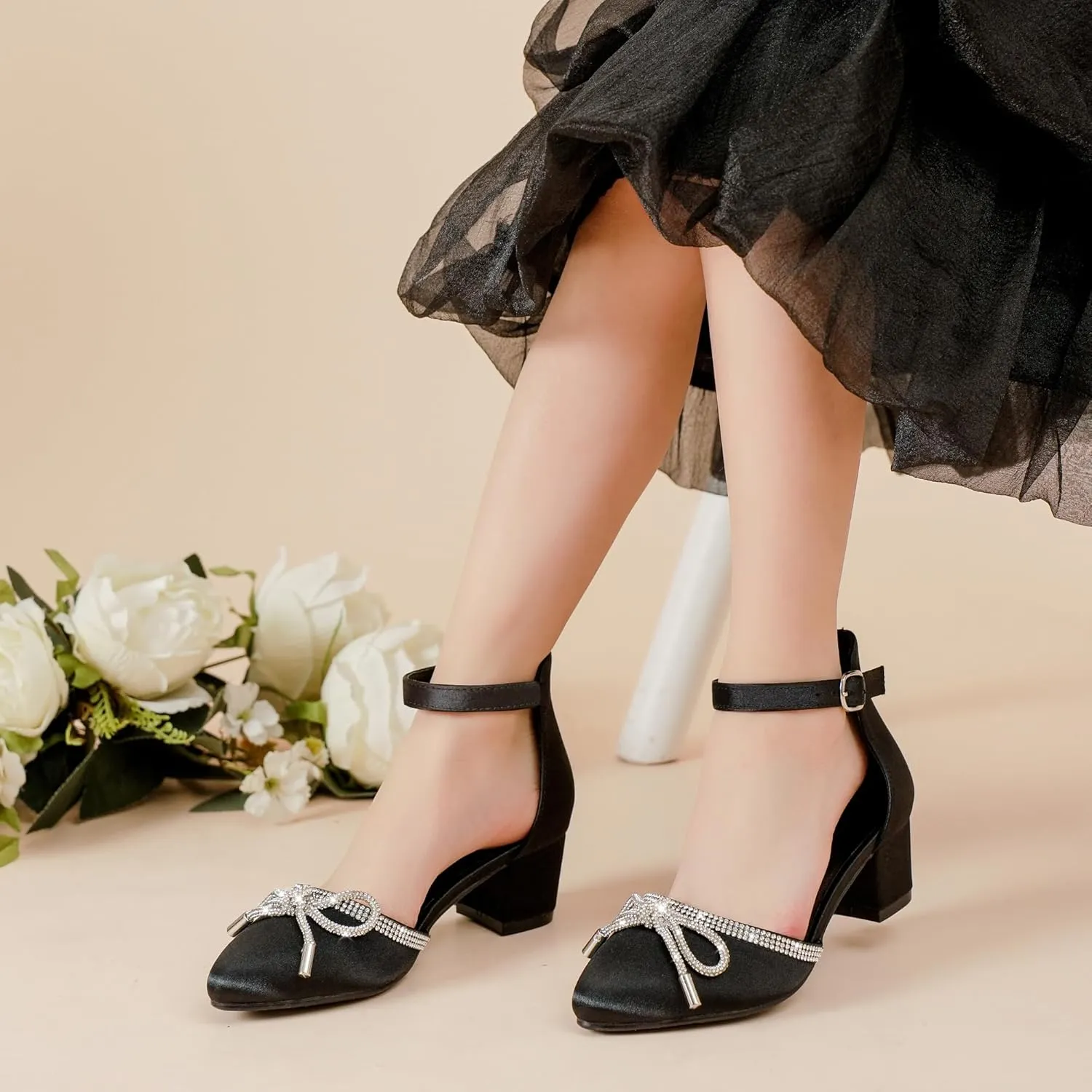 Girls Sandals Closed Toe High Heels Pointed Toe Ankle Strap Pumps Flower Girl Dressy Shoes in Wedding Party Cute Bowknot Chunky Block Heeled for Little Big Kids