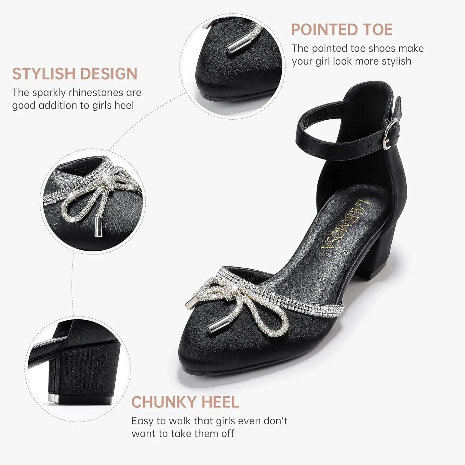 Girls Sandals Closed Toe High Heels Pointed Toe Ankle Strap Pumps Flower Girl Dressy Shoes in Wedding Party Cute Bowknot Chunky Block Heeled for Little Big Kids