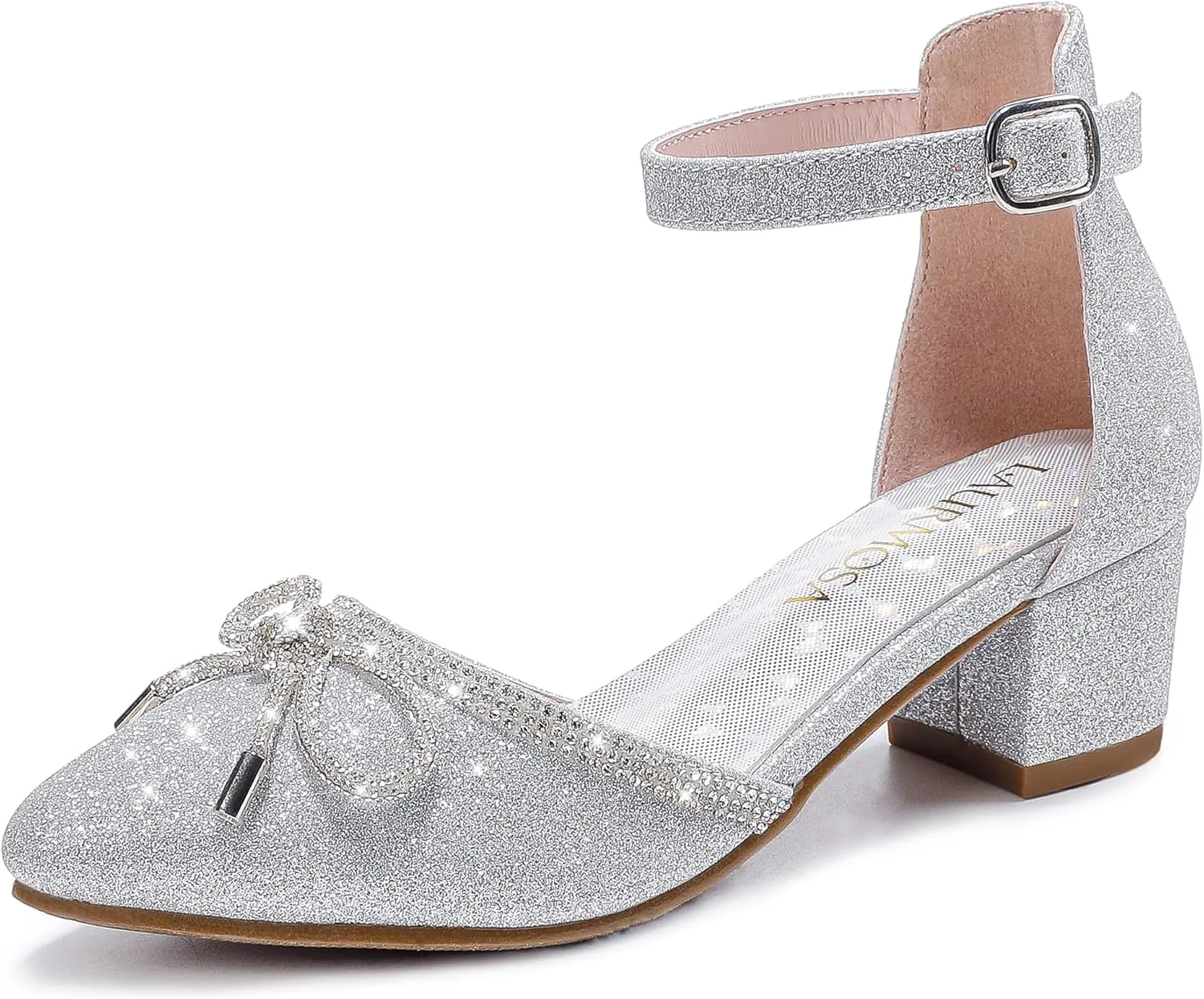 Girls Sandals Closed Toe High Heels Pointed Toe Ankle Strap Pumps Flower Girl Dressy Shoes in Wedding Party Cute Bowknot Chunky Block Heeled for Little Big Kids