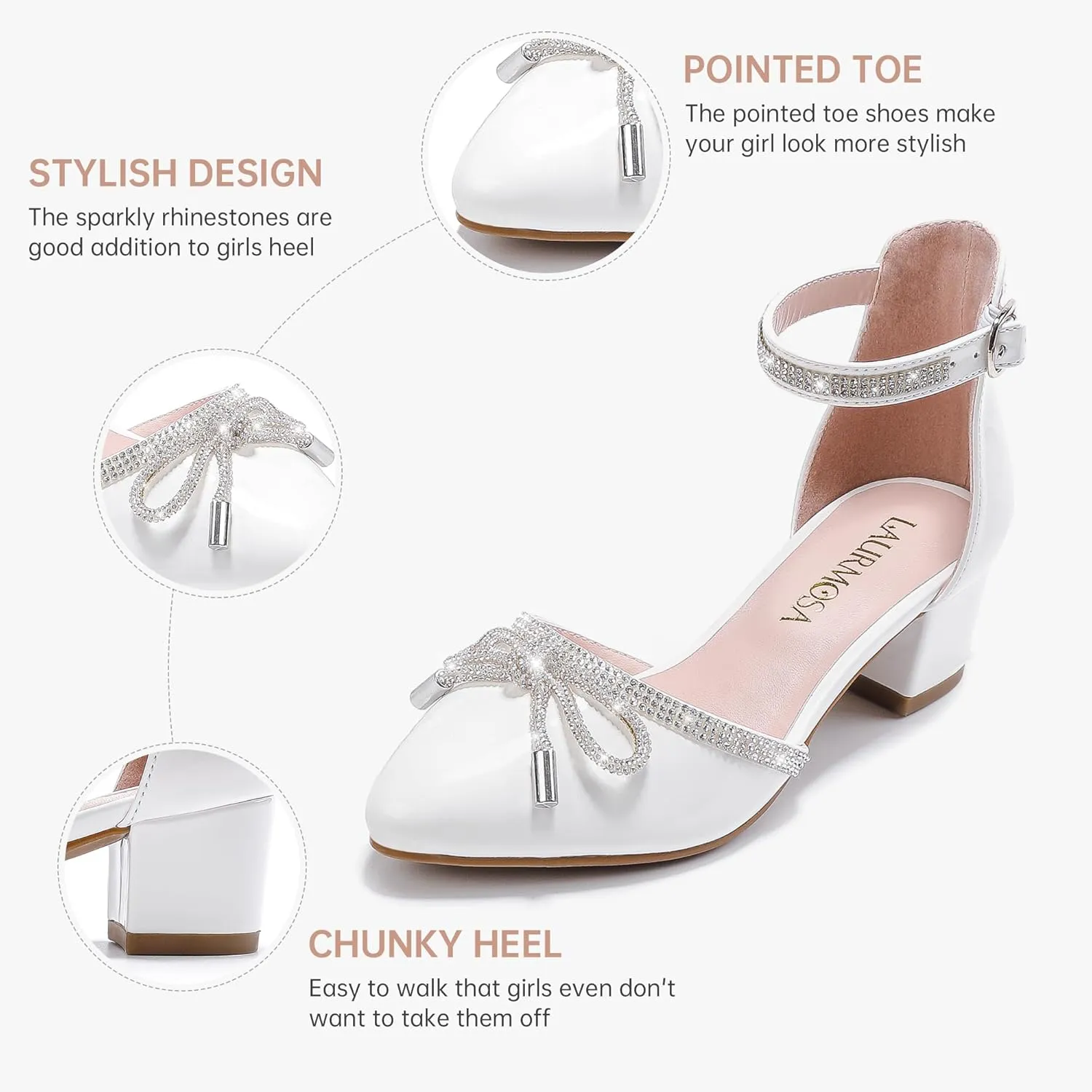 Girls Sandals Closed Toe High Heels Pointed Toe Ankle Strap Pumps Flower Girl Dressy Shoes in Wedding Party Cute Bowknot Chunky Block Heeled for Little Big Kids