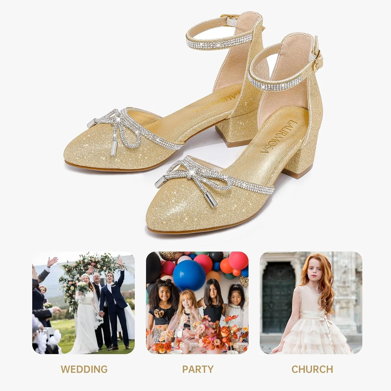 Girls Sandals Closed Toe High Heels Pointed Toe Ankle Strap Pumps Flower Girl Dressy Shoes in Wedding Party Cute Bowknot Chunky Block Heeled for Little Big Kids