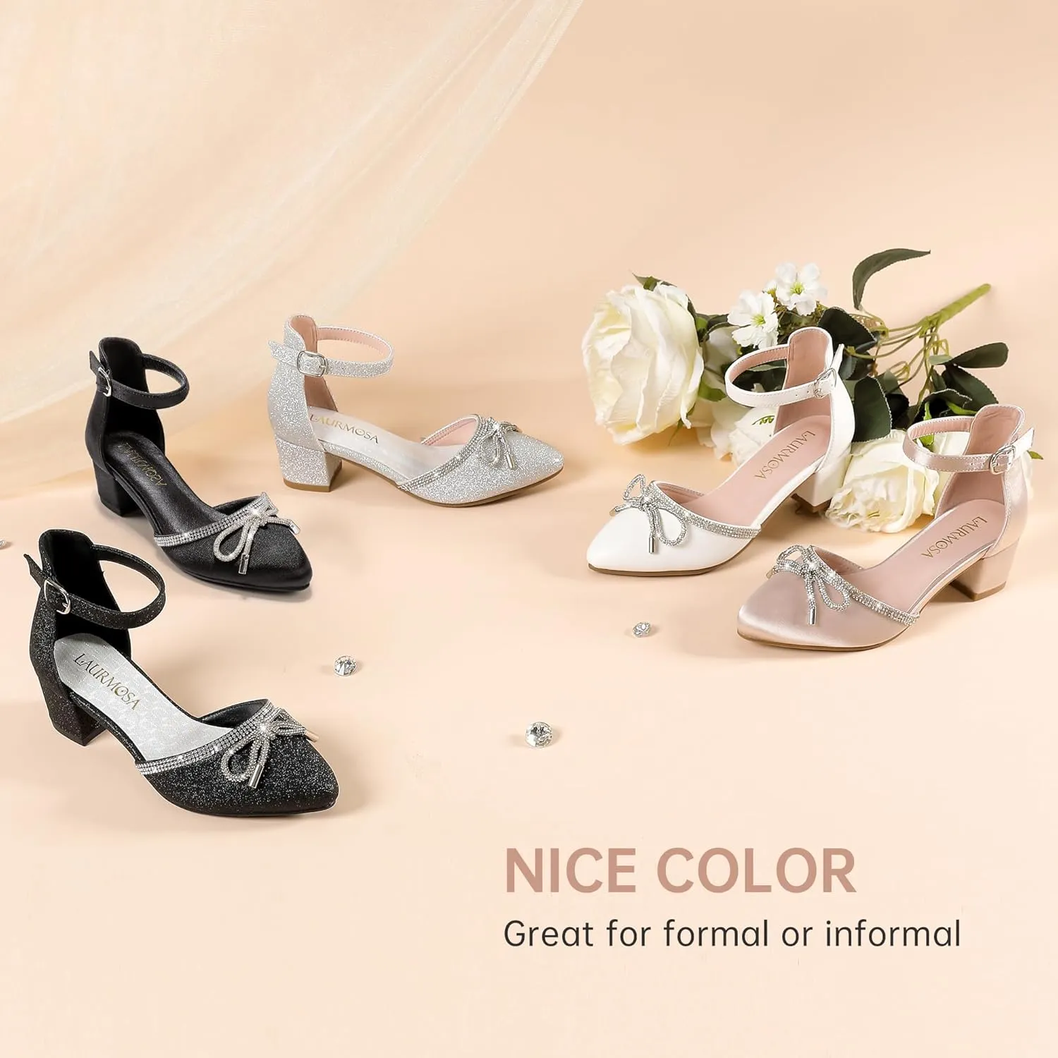 Girls Sandals Closed Toe High Heels Pointed Toe Ankle Strap Pumps Flower Girl Dressy Shoes in Wedding Party Cute Bowknot Chunky Block Heeled for Little Big Kids