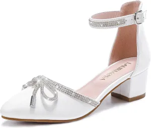 Girls Sandals Closed Toe High Heels Pointed Toe Ankle Strap Pumps Flower Girl Dressy Shoes in Wedding Party Cute Bowknot Chunky Block Heeled for Little Big Kids