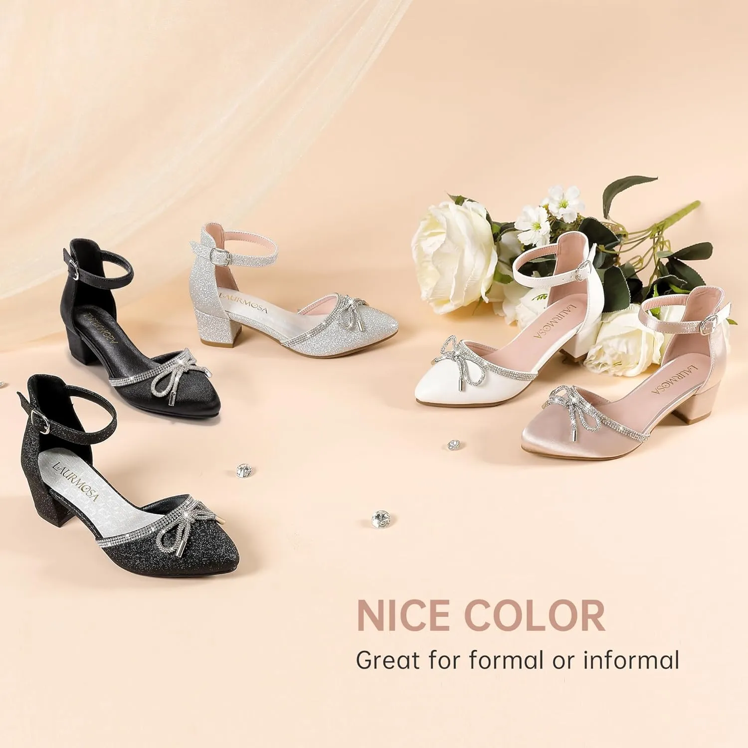 Girls Sandals Closed Toe High Heels Pointed Toe Ankle Strap Pumps Flower Girl Dressy Shoes in Wedding Party Cute Bowknot Chunky Block Heeled for Little Big Kids