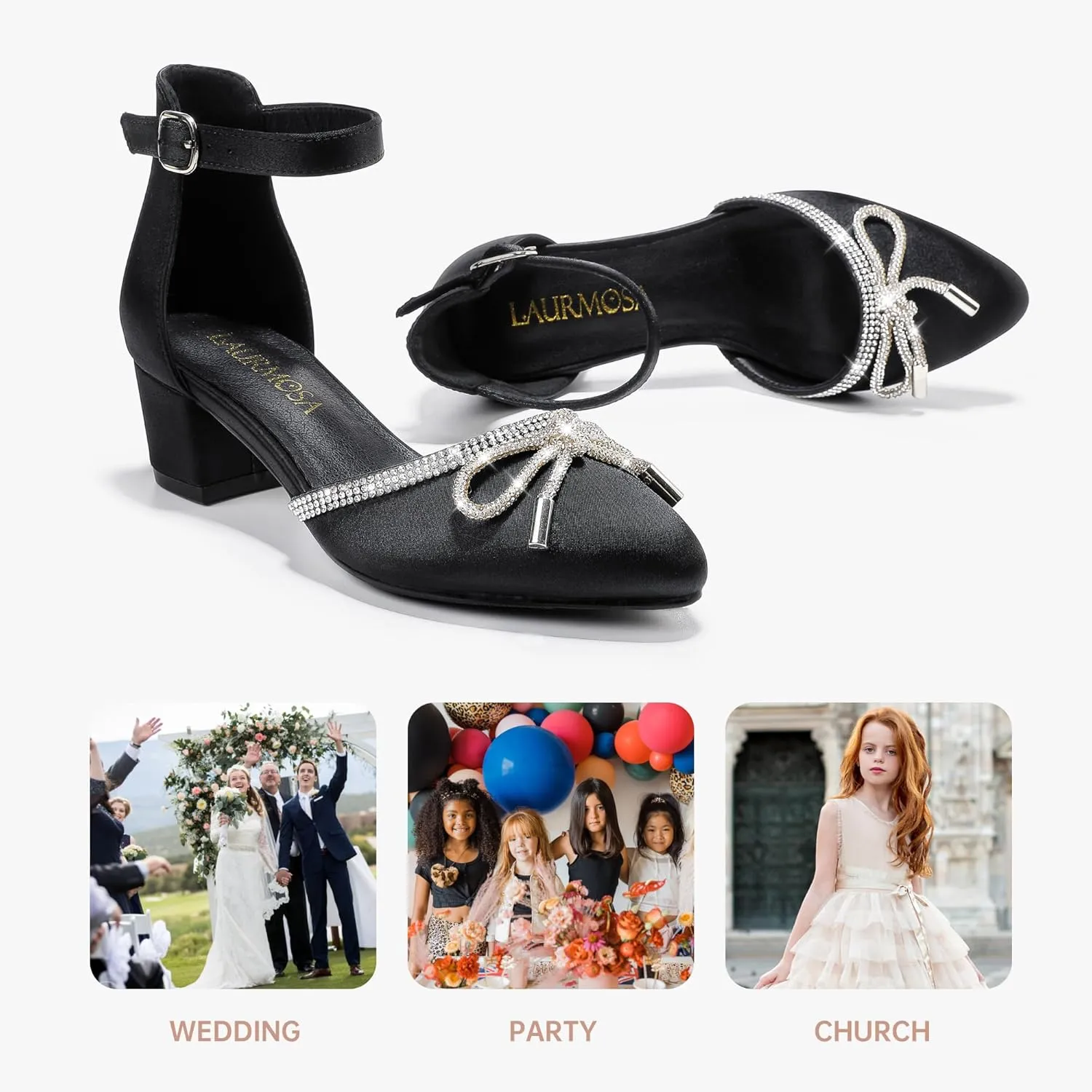 Girls Sandals Closed Toe High Heels Pointed Toe Ankle Strap Pumps Flower Girl Dressy Shoes in Wedding Party Cute Bowknot Chunky Block Heeled for Little Big Kids
