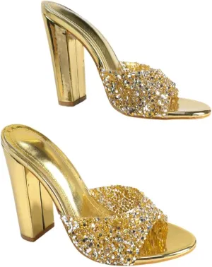 Gold High Heel Sandals for Women, Women's Rhinestone-Embellished Glossy Heels with Block Heel, Luxurious Dressy Shoes for Parties, Weddings & Evening Events (US 6-10.5)