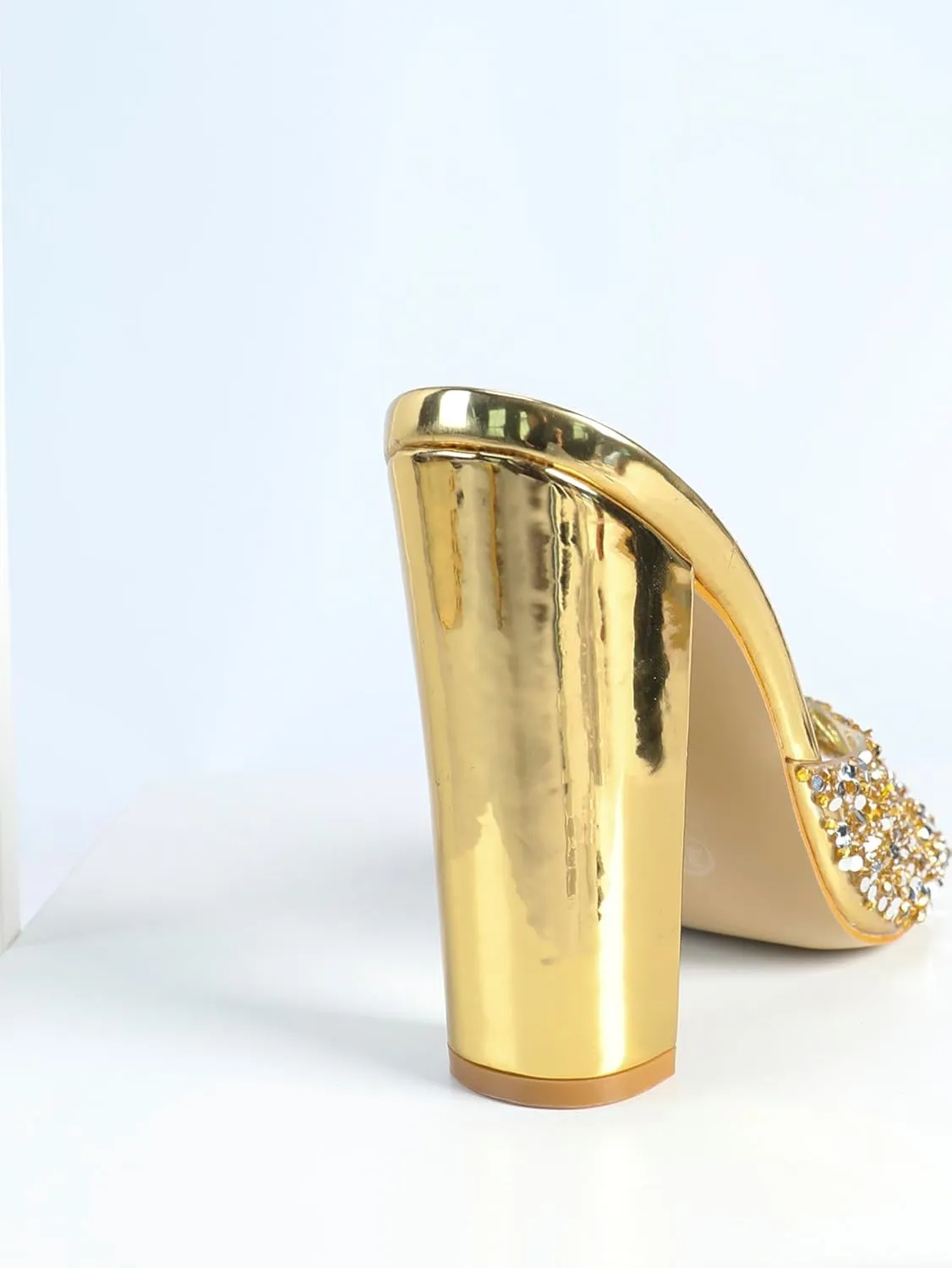 Gold High Heel Sandals for Women, Women's Rhinestone-Embellished Glossy Heels with Block Heel, Luxurious Dressy Shoes for Parties, Weddings & Evening Events (US 6-10.5)