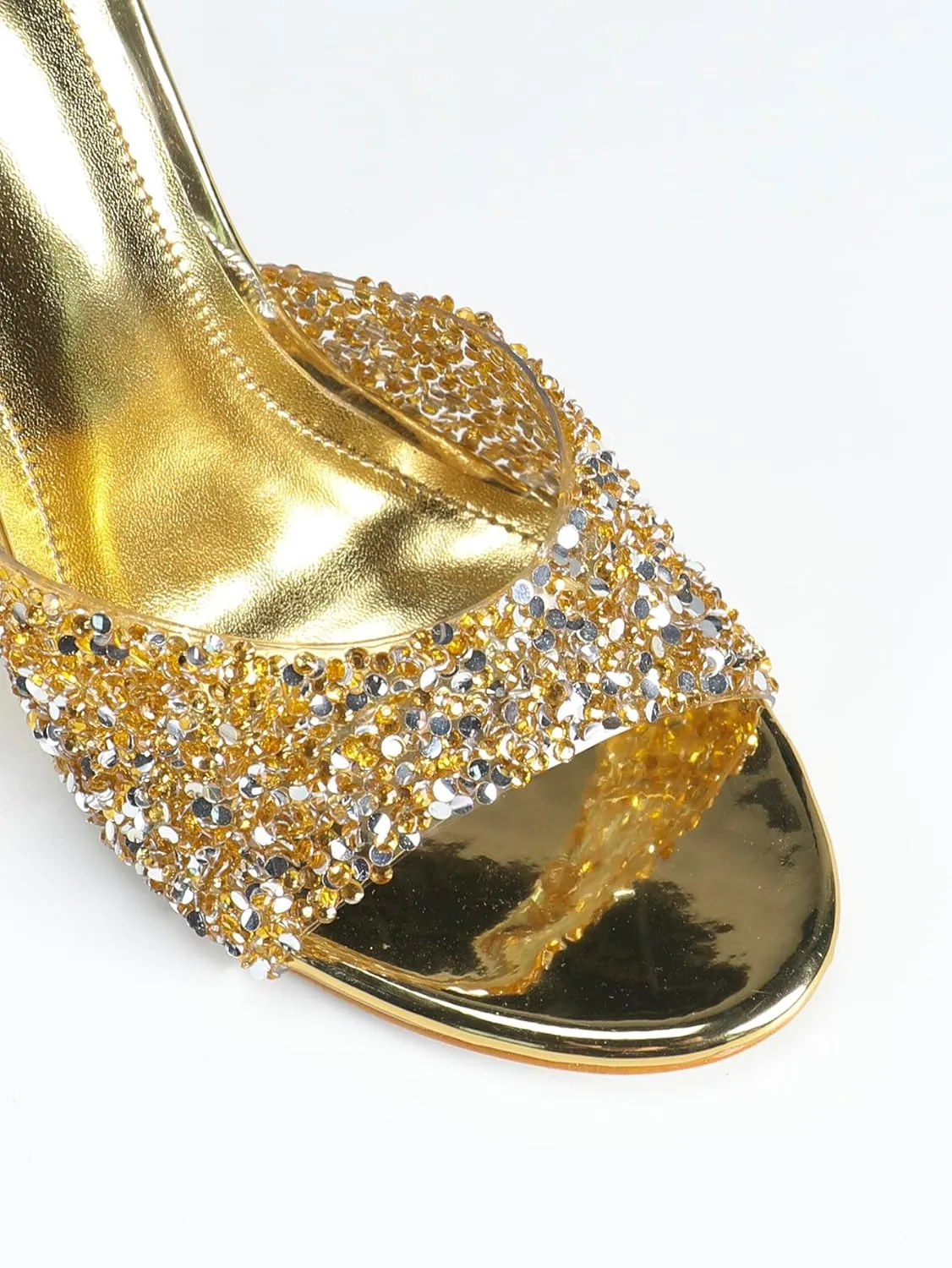 Gold High Heel Sandals for Women, Women's Rhinestone-Embellished Glossy Heels with Block Heel, Luxurious Dressy Shoes for Parties, Weddings & Evening Events (US 6-10.5)
