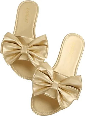 GORGLITTER Women's Bow Flat Sandals Metallic Slide Sandals Open Toe Vacation Sandals