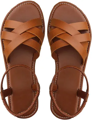 GORGLITTER Women's Dressy Elastic Ankle Gladiator Sandals Summer Cute Open Toe Slip on Cross Strappy Flat Sandals Brown 8