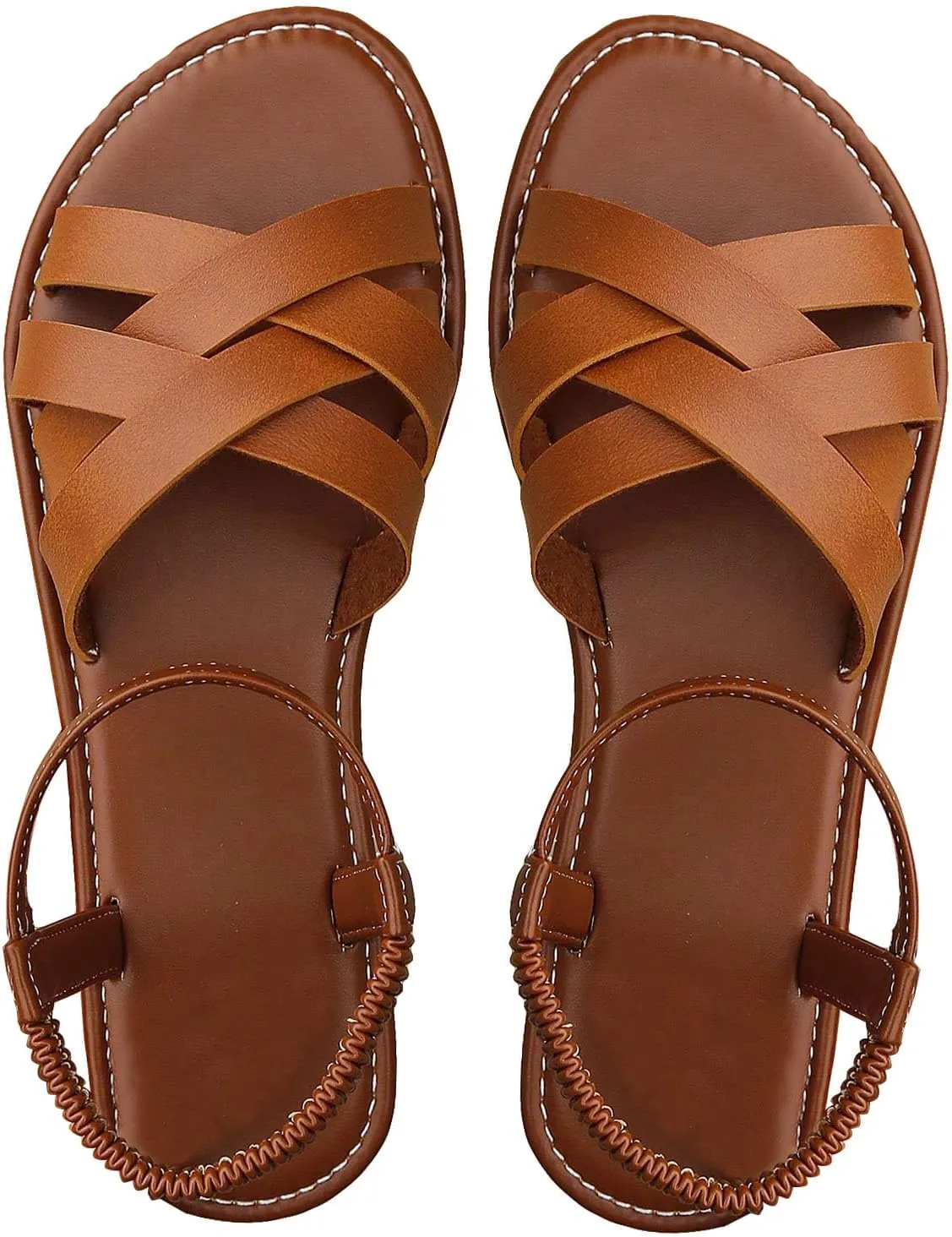 GORGLITTER Women's Dressy Elastic Ankle Gladiator Sandals Summer Cute Open Toe Slip on Cross Strappy Flat Sandals Brown 8