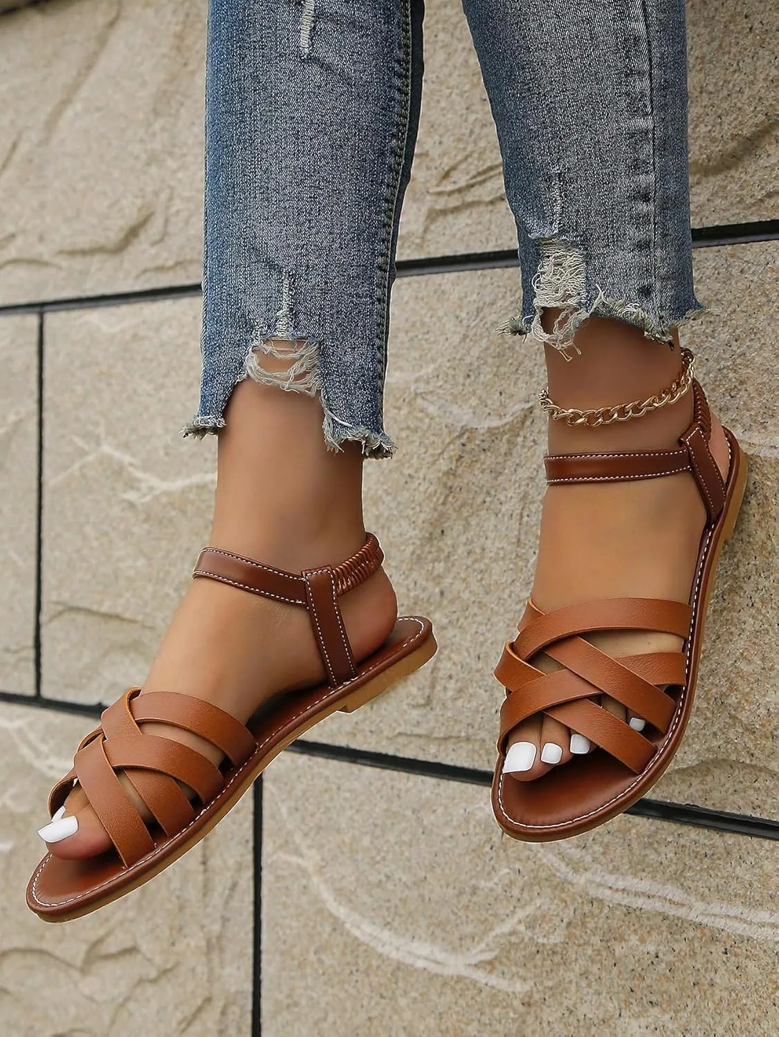 GORGLITTER Women's Dressy Elastic Ankle Gladiator Sandals Summer Cute Open Toe Slip on Cross Strappy Flat Sandals