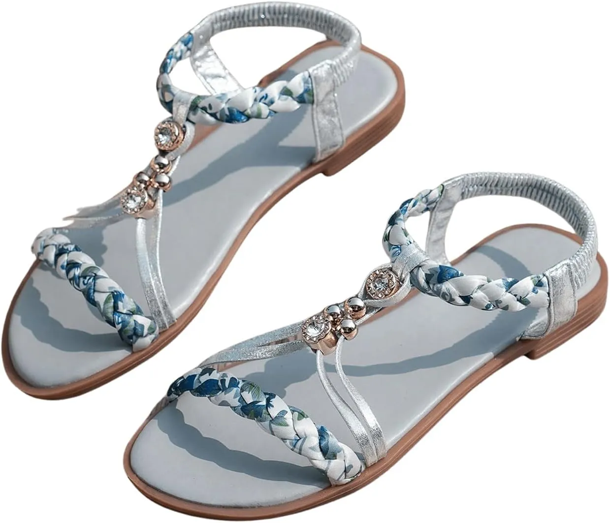 GORGLITTER Women's Glamorous Rhinestone Decor Braided Ribbon Flats Open Toe Slingback Slide Sandals