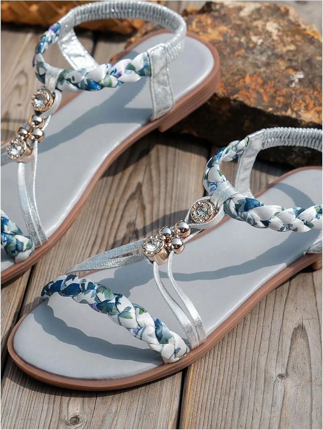 GORGLITTER Women's Glamorous Rhinestone Decor Braided Ribbon Flats Open Toe Slingback Slide Sandals
