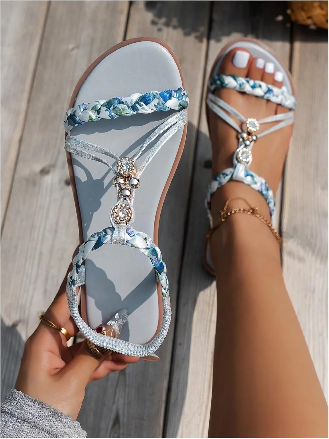 GORGLITTER Women's Glamorous Rhinestone Decor Braided Ribbon Flats Open Toe Slingback Slide Sandals