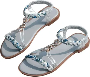GORGLITTER Women's Glamorous Rhinestone Decor Braided Ribbon Flats Open Toe Slingback Slide Sandals