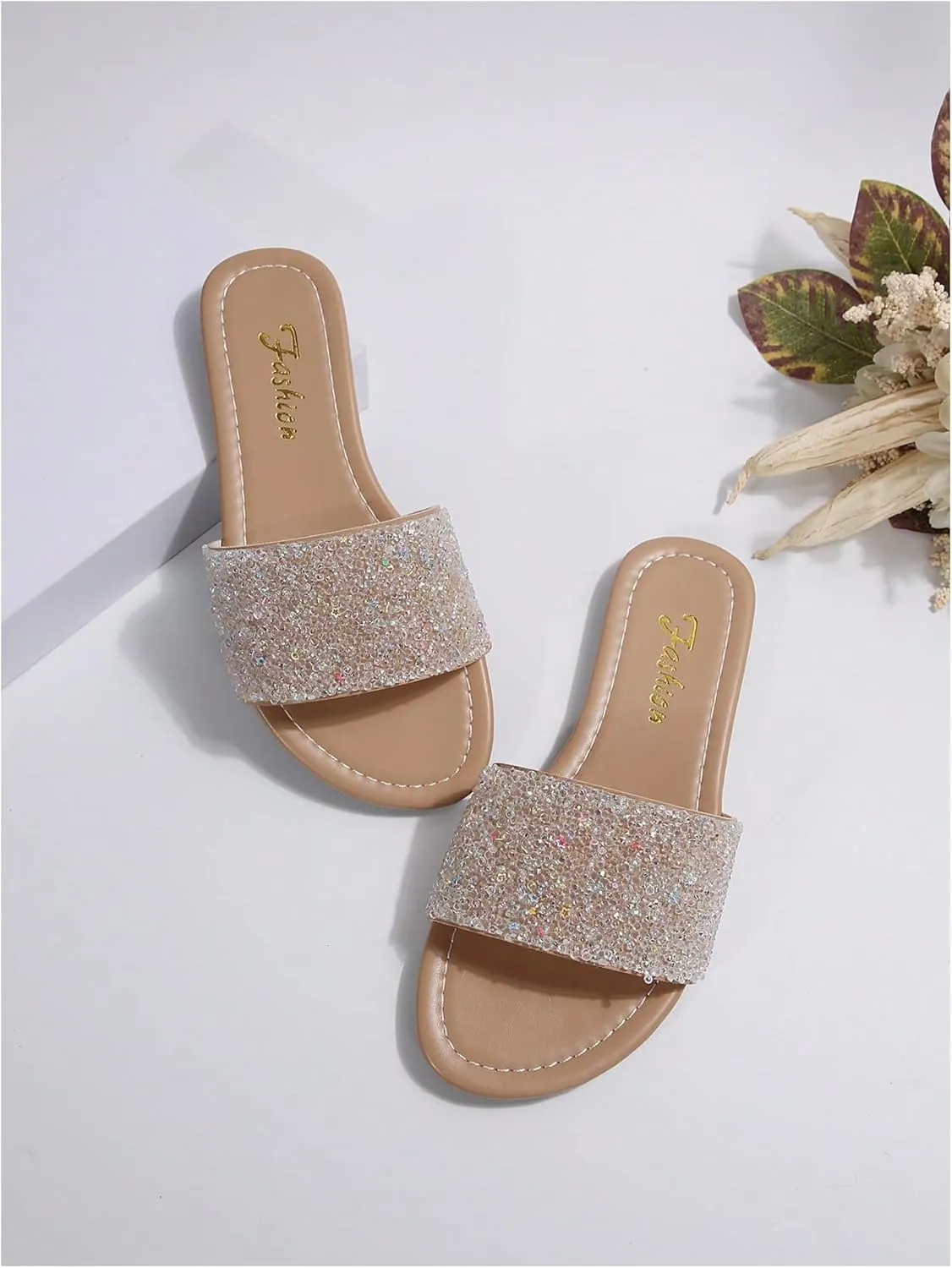 GORGLITTER Women's Glitter Rhinestone Sandals Sparkly Sandals Bling Open Toe Flat Sandals Glamorous Slides