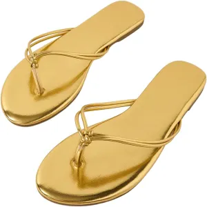 GORGLITTER Women's Gold Flip Flops Minimalist Strappy Thong Flat Sandals Open Toe Metallic Summer Beach Slippers