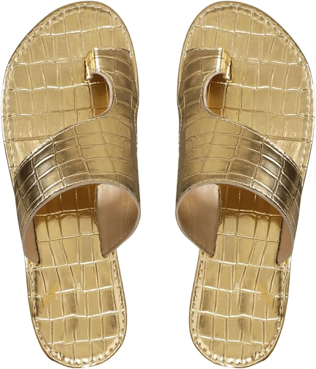 GORGLITTER Women's Gold Metallic Thong Flat Sandals Ring Toe Open Toe Dressy Beach Slide Sandals