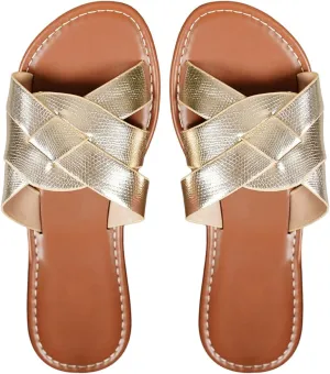 GORGLITTER Women's Gold Sandals Braided Open Toe Pu Leather Metallic Slide Sandals