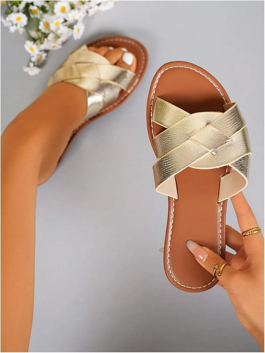 GORGLITTER Women's Gold Sandals Braided Open Toe Pu Leather Metallic Slide Sandals