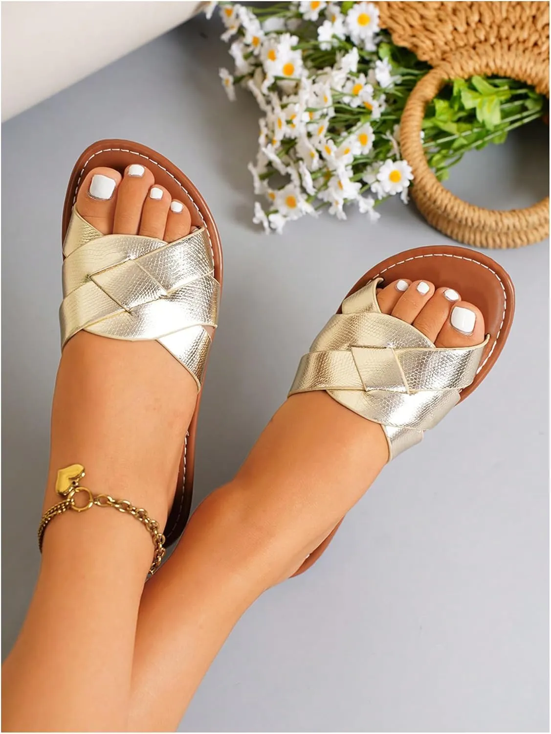 GORGLITTER Women's Gold Sandals Braided Open Toe Pu Leather Metallic Slide Sandals
