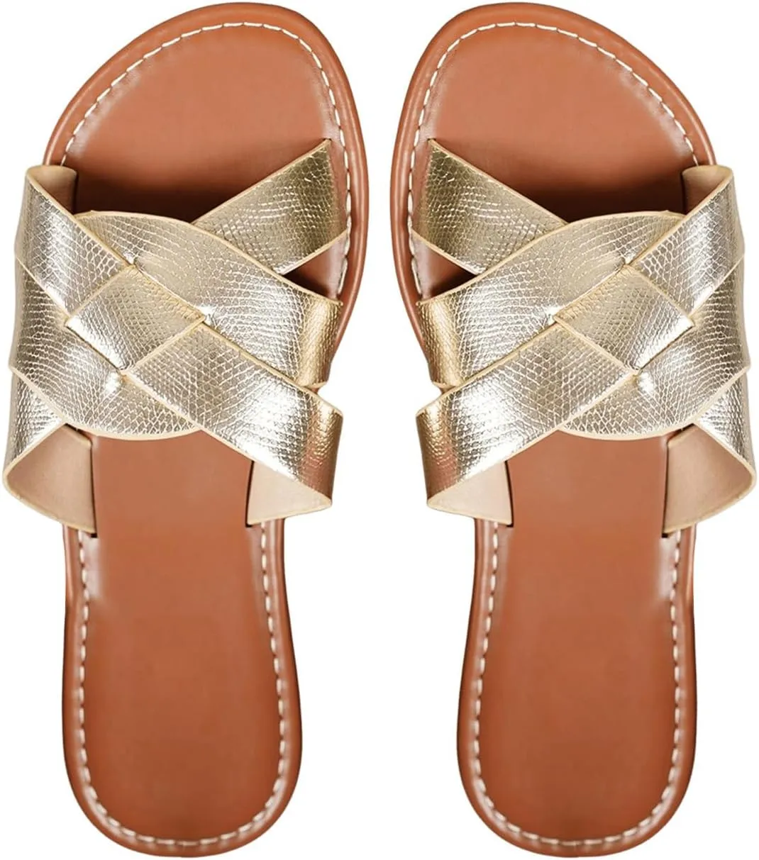 GORGLITTER Women's Gold Sandals Braided Open Toe Pu Leather Metallic Slide Sandals