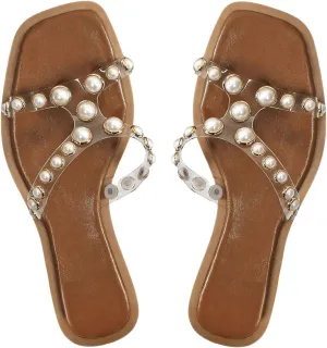 GORGLITTER Women's Pearls Flat Sandals Beaded Square Open Toe Slide Sandals