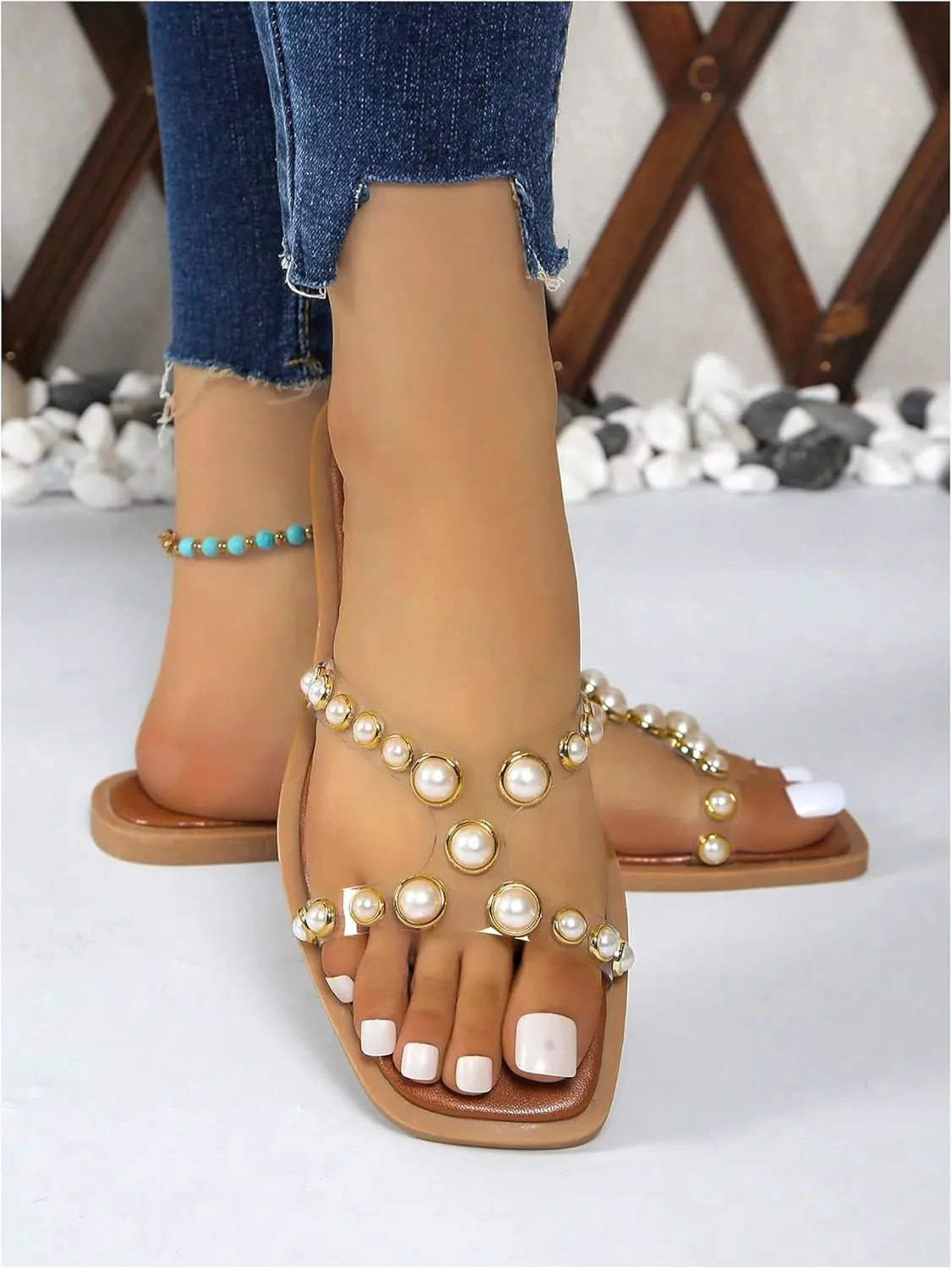 GORGLITTER Women's Pearls Flat Sandals Beaded Square Open Toe Slide Sandals
