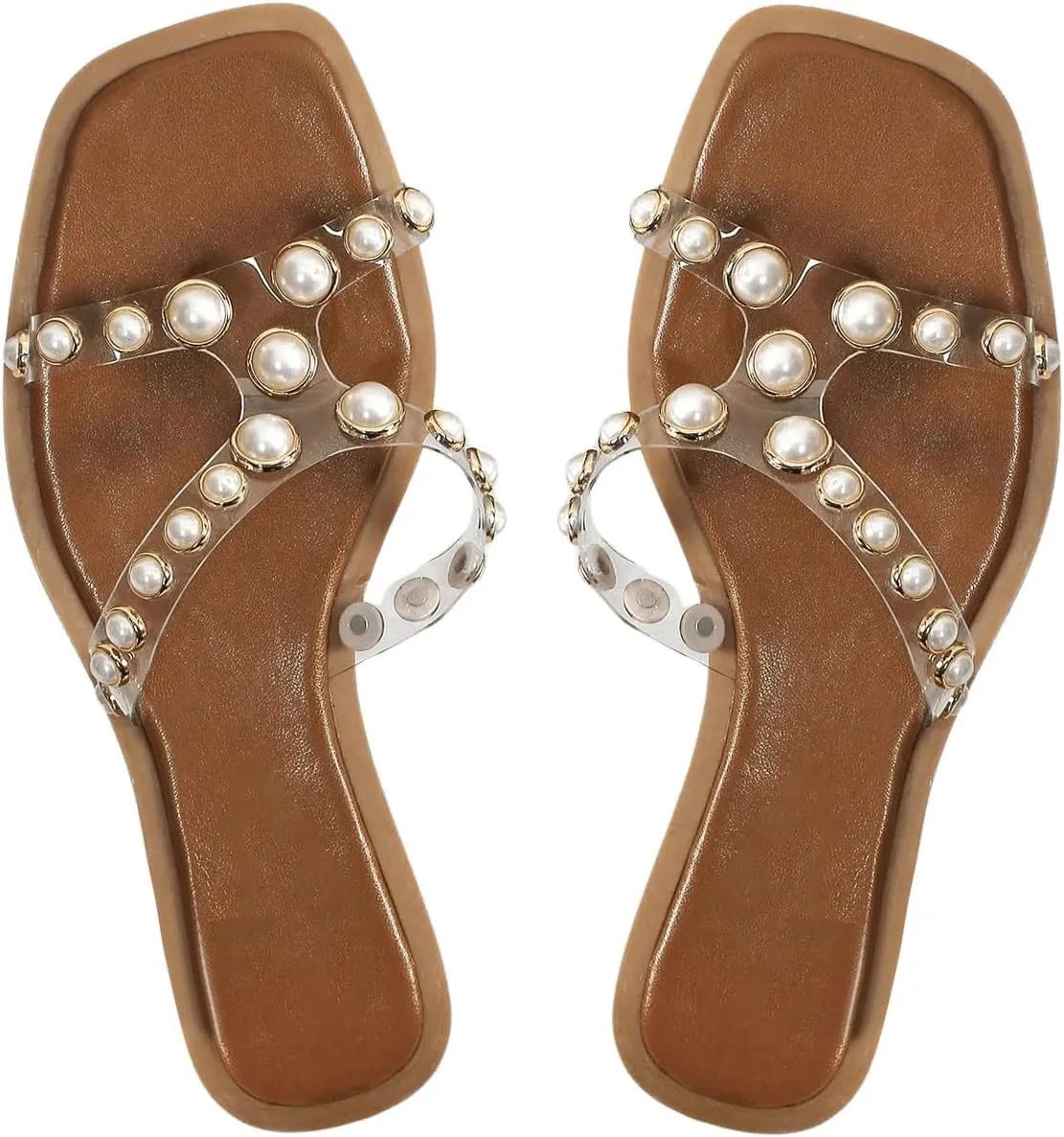 GORGLITTER Women's Pearls Flat Sandals Beaded Square Open Toe Slide Sandals