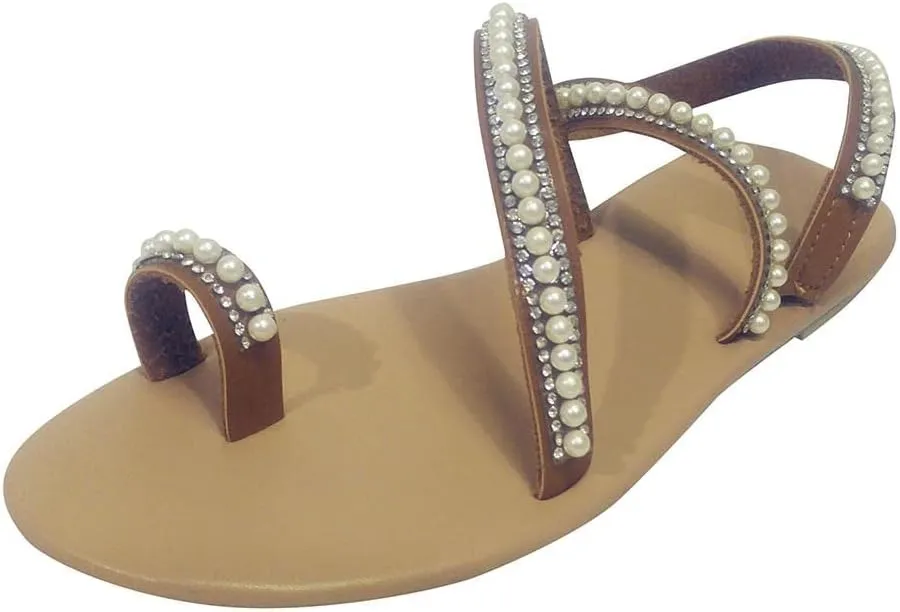 Hbeylia Boho Flat Sandals for Women,Rhinestones Pearl Design Toe Ring Jeweled Sandals Slip On Casual Beach Shoes for Wedding Bride Bridesmaid Ladies