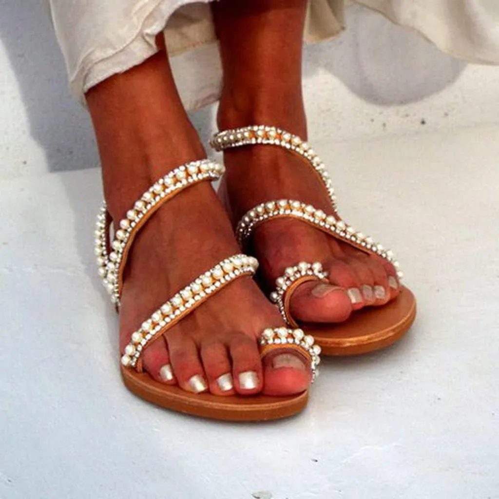 Hbeylia Boho Flat Sandals for Women,Rhinestones Pearl Design Toe Ring Jeweled Sandals Slip On Casual Beach Shoes for Wedding Bride Bridesmaid Ladies