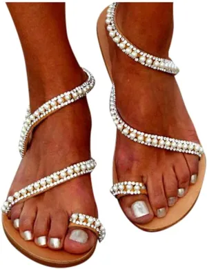 Hbeylia Boho Flat Sandals for Women,Rhinestones Pearl Design Toe Ring Jeweled Sandals Slip On Casual Beach Shoes for Wedding Bride Bridesmaid Ladies