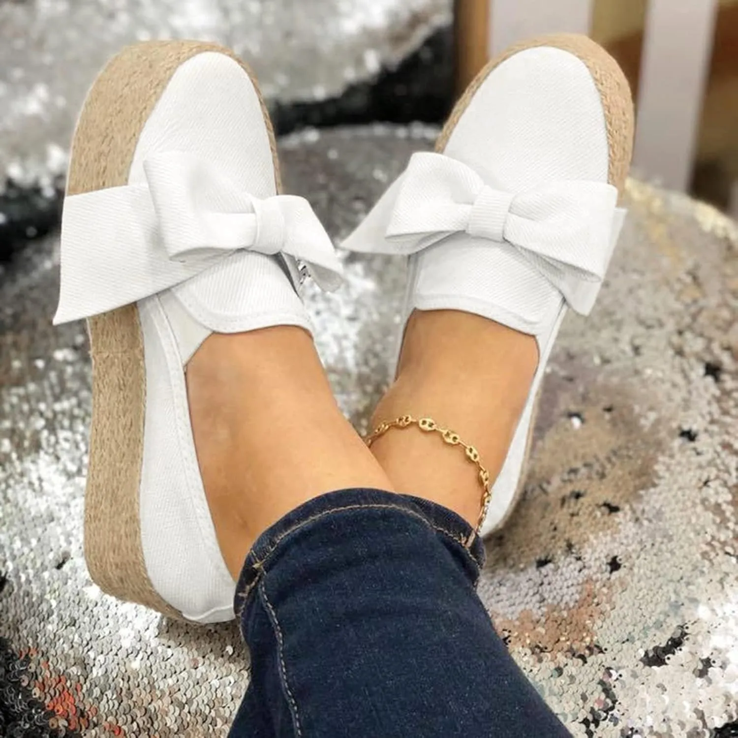 Hbeylia Espadrilles Platform Sneakers for Women Fashion Bowknot Round Toe Chunky Bottom High Heels Canvas Shoes Anti Slip Trendy Slip On Walking Loafers for Outdoor Travel