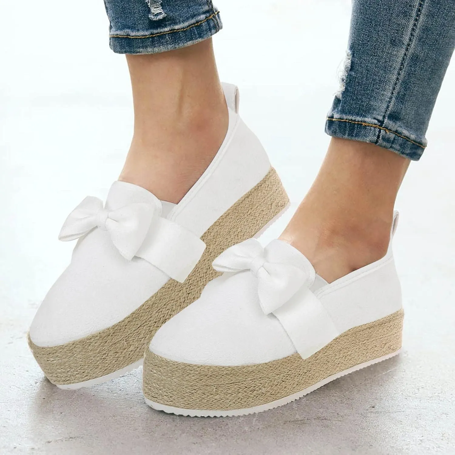 Hbeylia Espadrilles Platform Sneakers for Women Fashion Bowknot Round Toe Chunky Bottom High Heels Canvas Shoes Anti Slip Trendy Slip On Walking Loafers for Outdoor Travel