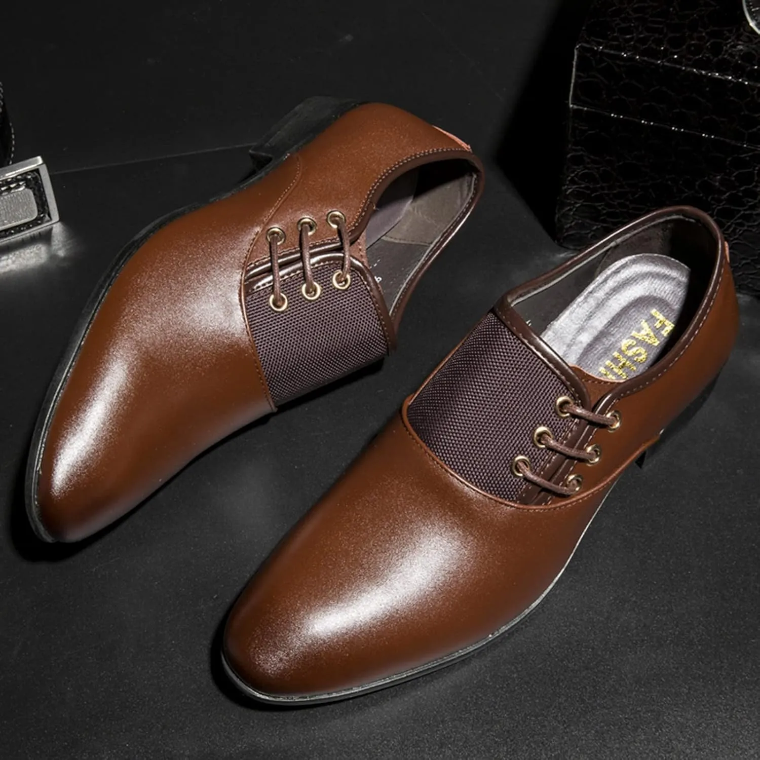 Hbeylia Men's Oxford Classic Dress Shoes Business Formal Slip Lace up 4 Eyelets Shoes British Style Lightweight Leather Tuxedo Pointed Toe Comfort Prince Business Wedding Office Wingtip Dress Shoes
