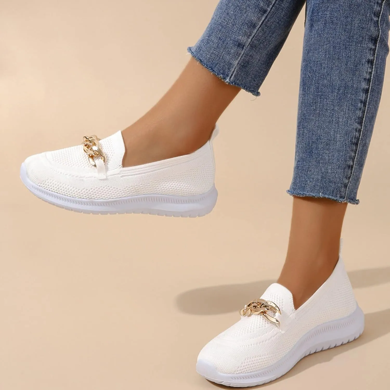 Hbeylia Platform Slip On Mesh Sneakers for Women Casual Breathable Mesh Air Cushion Metal Chain Design Trendy Chunky Bottom Low Top Canvas Shoes Flats Walking Shoes Play Sneakers Loafers