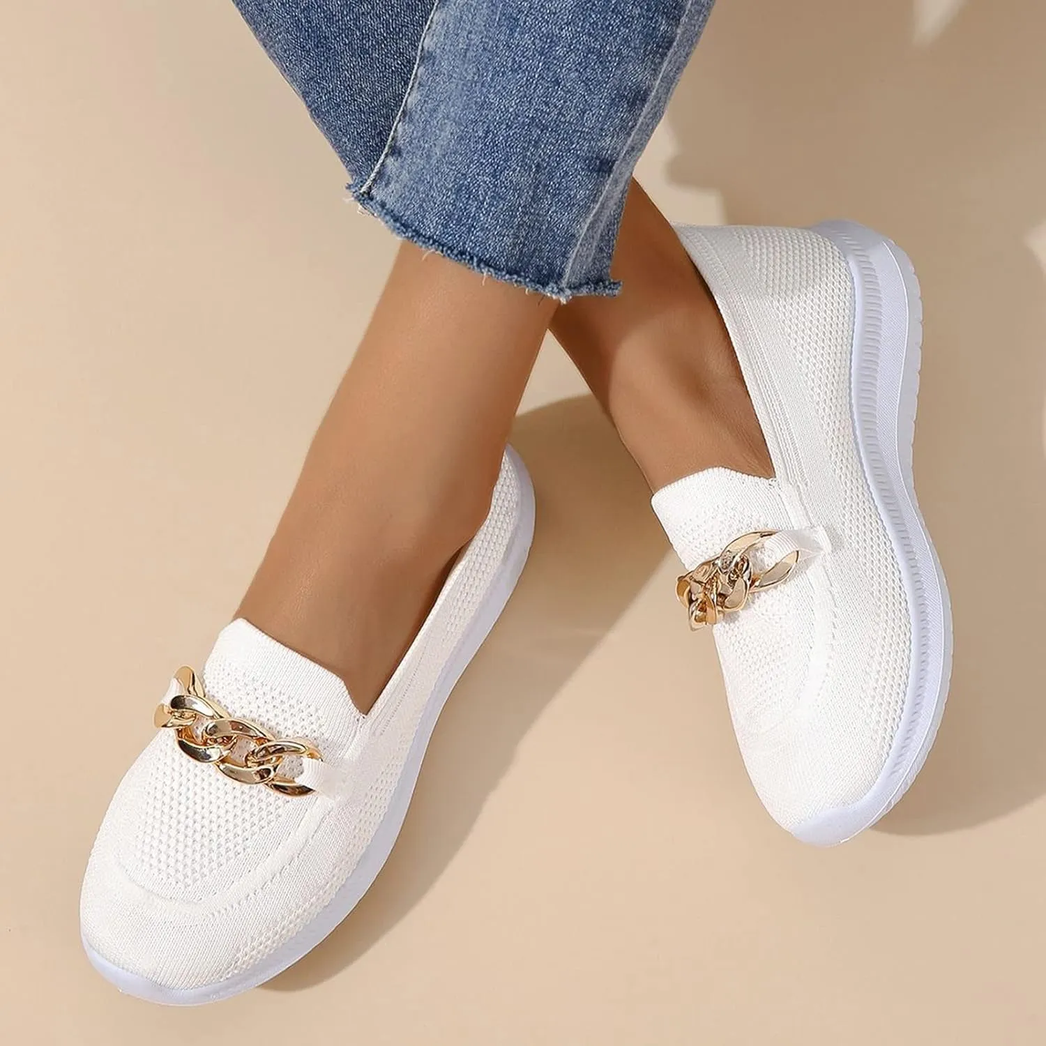 Hbeylia Platform Slip On Mesh Sneakers for Women Casual Breathable Mesh Air Cushion Metal Chain Design Trendy Chunky Bottom Low Top Canvas Shoes Flats Walking Shoes Play Sneakers Loafers