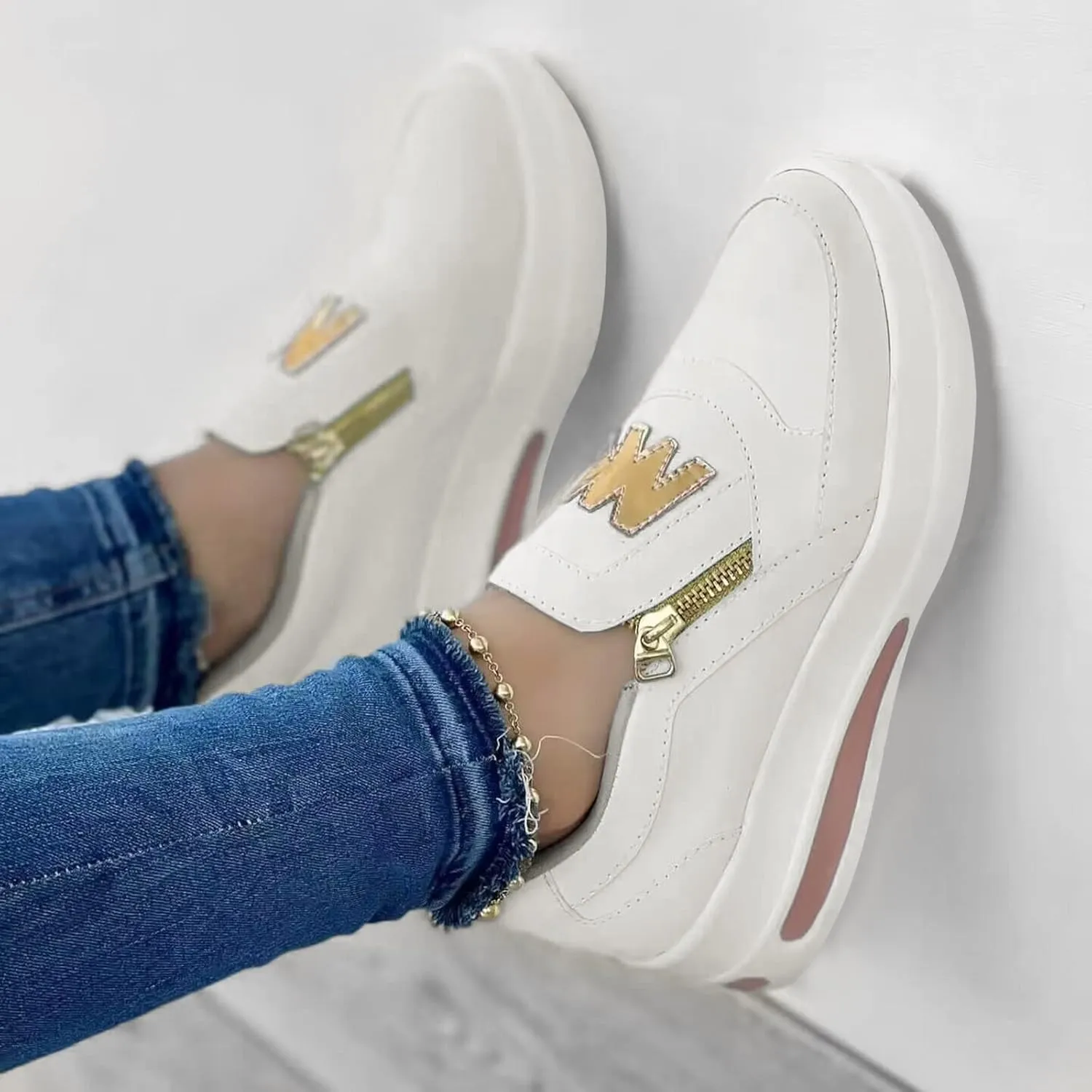 Hbeylia Platform Sneakers for Women Breathable Flock Slip On Round Toe Chunky Bottom Heels Low Top Canvas Shoes Slip On Side Zipper Flats Comfortable Walking Shoes Play Sneakers Loafers