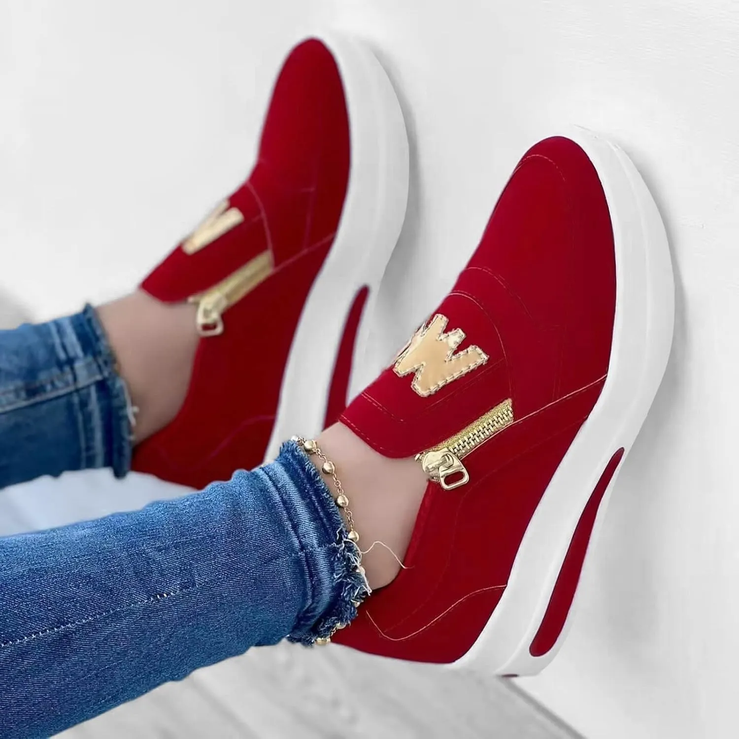 Hbeylia Platform Sneakers for Women Breathable Flock Slip On Round Toe Chunky Bottom Heels Low Top Canvas Shoes Slip On Side Zipper Flats Comfortable Walking Shoes Play Sneakers Loafers