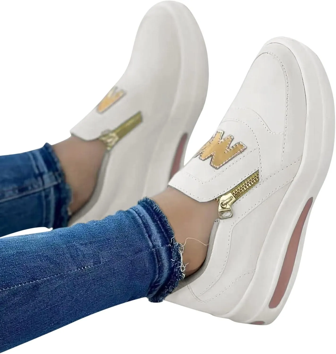Hbeylia Platform Sneakers for Women Breathable Flock Slip On Round Toe Chunky Bottom Heels Low Top Canvas Shoes Slip On Side Zipper Flats Comfortable Walking Shoes Play Sneakers Loafers