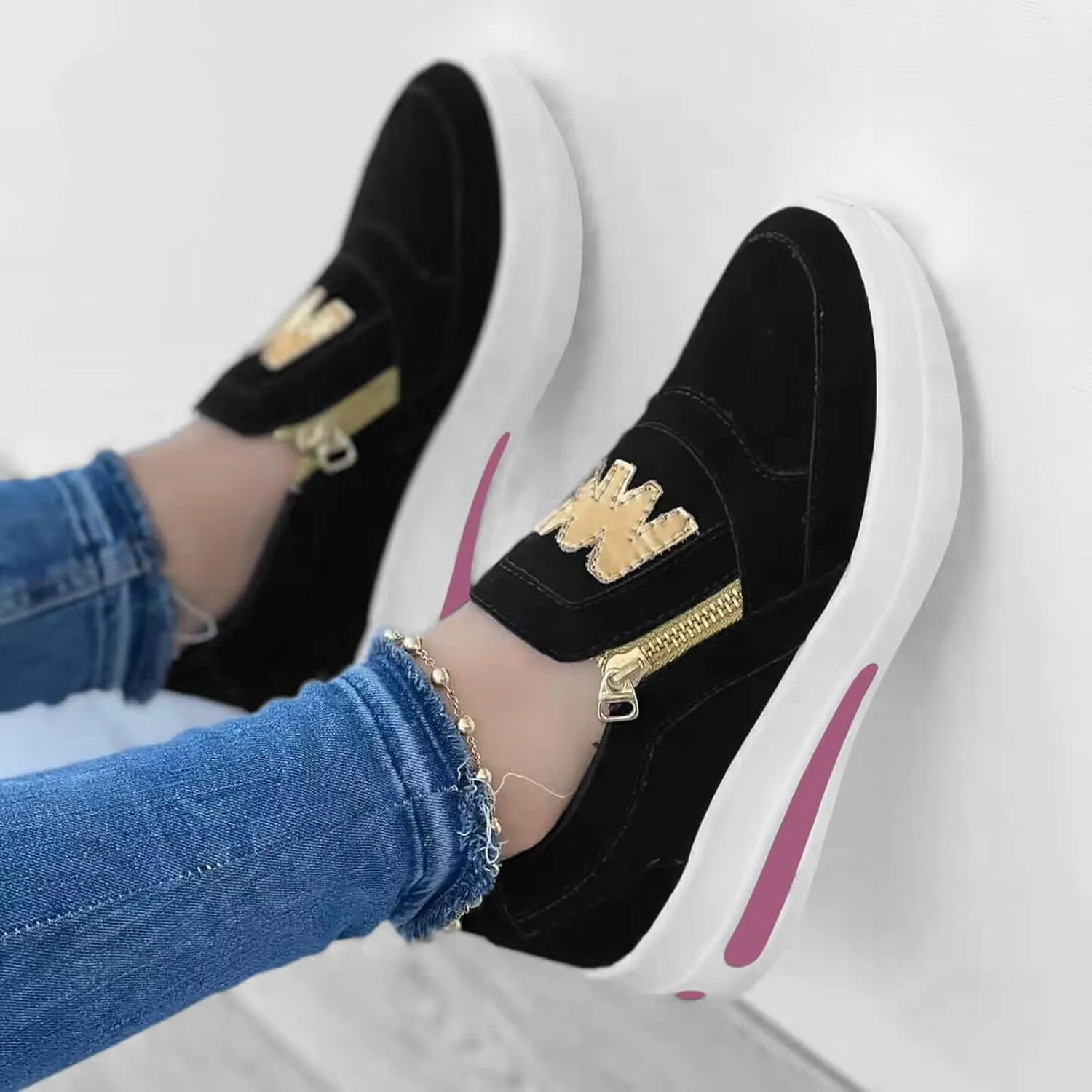 Hbeylia Platform Sneakers for Women Breathable Flock Slip On Round Toe Chunky Bottom Heels Low Top Canvas Shoes Slip On Side Zipper Flats Comfortable Walking Shoes Play Sneakers Loafers