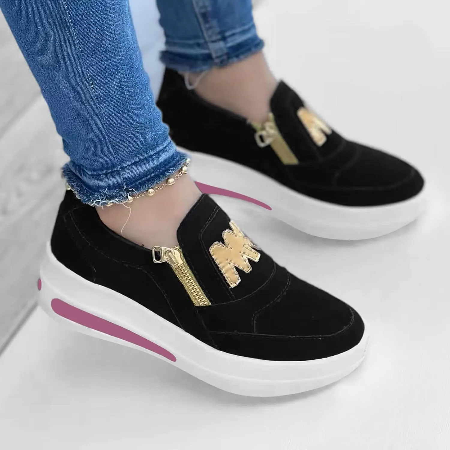Hbeylia Platform Sneakers for Women Breathable Flock Slip On Round Toe Chunky Bottom Heels Low Top Canvas Shoes Slip On Side Zipper Flats Comfortable Walking Shoes Play Sneakers Loafers