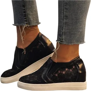 Hbeylia Platform Sneakers for Women Lace Mesh Hidden Wedge Sneakers Fashion Floral Slip On Thick Bottom Walking Shoes Lightweight Comfortable Canvas Shoes Loafers
