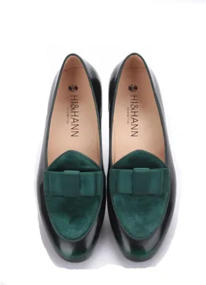 HI&HANN Men's Velvet and Nubuck Leather Stitching with Bowtie Flats Shoes Slip-on Loafer Smoking Slipper