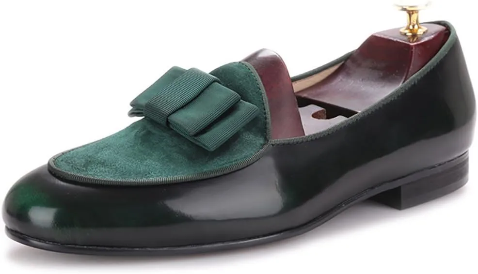 HI&HANN Men's Velvet and Nubuck Leather Stitching with Bowtie Flats Shoes Slip-on Loafer Smoking Slipper