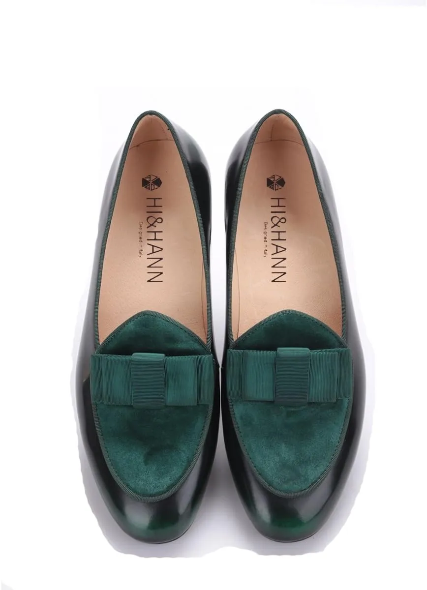 HI&HANN Men's Velvet and Nubuck Leather Stitching with Bowtie Flats Shoes Slip-on Loafer Smoking Slipper