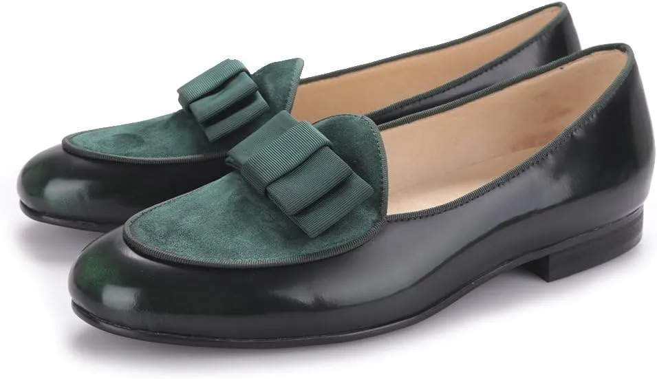 HI&HANN Men's Velvet and Nubuck Leather Stitching with Bowtie Flats Shoes Slip-on Loafer Smoking Slipper