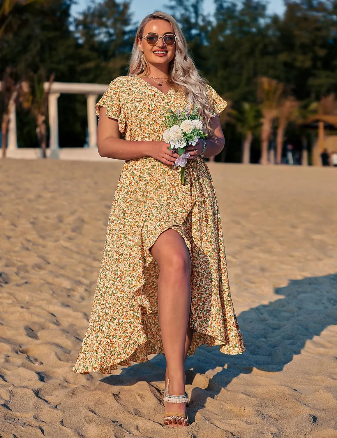 IN'VOLAND Plus Size Womens Floral Summer Dress Casual Wrap V Neck Short Sleeve Belted Beach Bohemian Maxi Dress